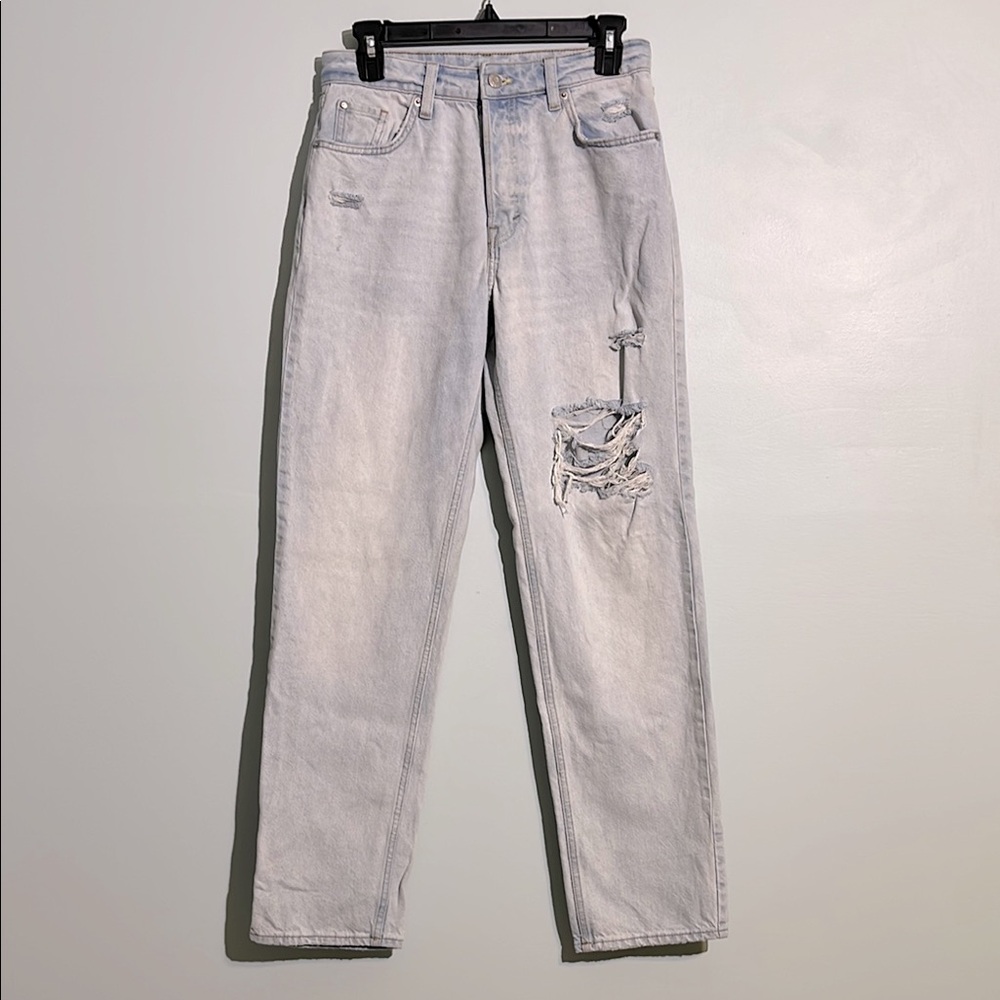 & Denim 90’s Boyfriend Jeans Size 2 High Waist Light Wash Distressed Button Fly